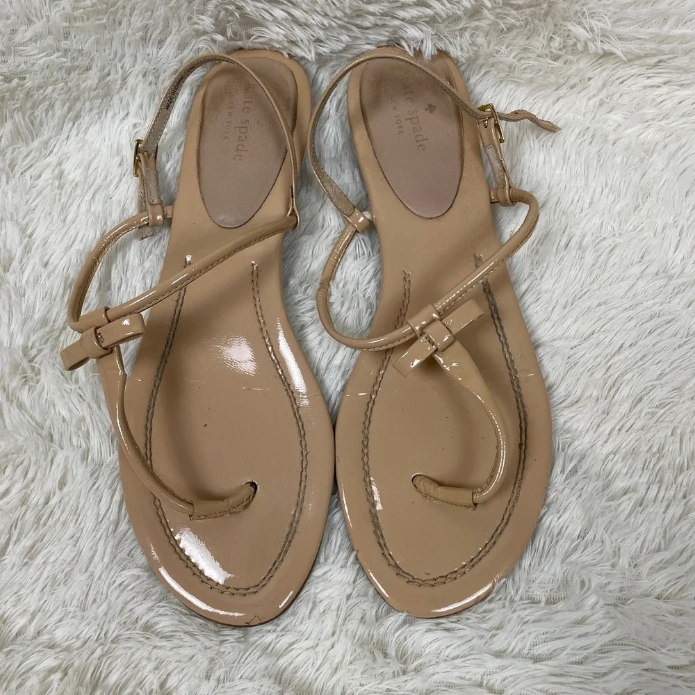 Kate Spade Bow T Strap Sandals Womens Size 11 Beige Flats Shoes Feminine Neutral